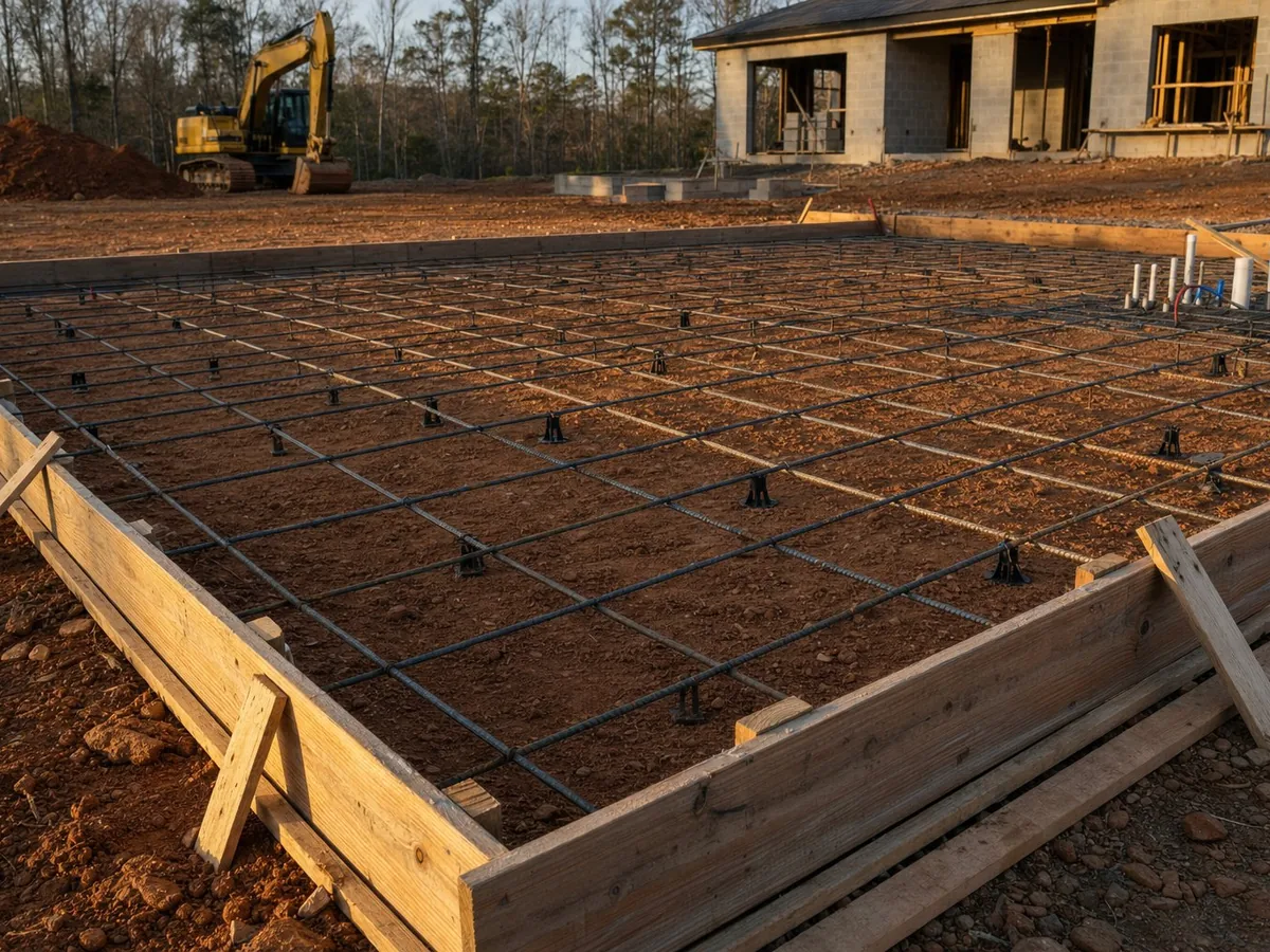 Wood forms and a rebar grid on compacted base before a concrete pour