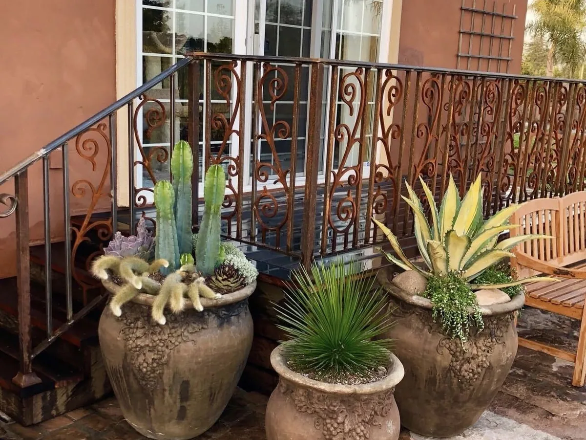 Scrollwork iron railing above potted succulents on a flagstone patio