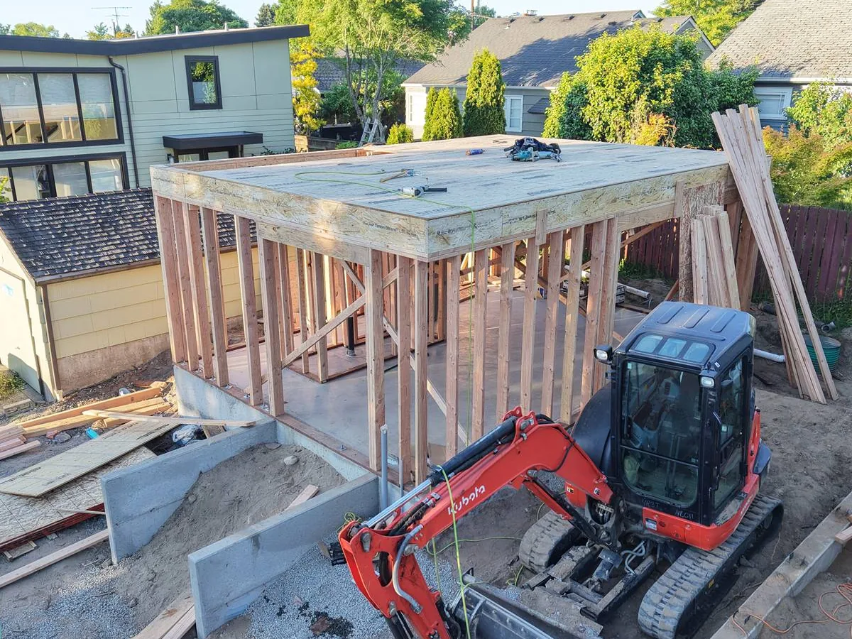 Wood framing for a small addition standing on a new foundation